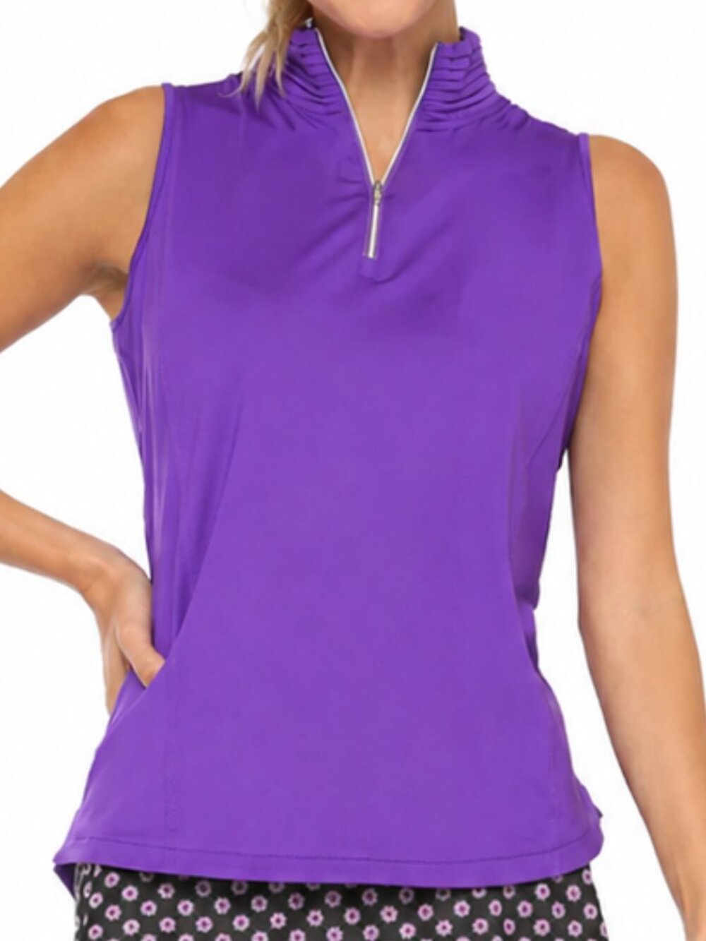 Belyn Key Orchid Purple Ribbed Collar Quarter-Zip Sleeveless Golf Shirt